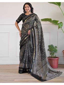 SATRANI - Black Weaving Border Cotton Blend Saree With Unstitched Blouse