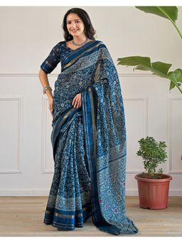 SATRANI - Blue Weaving Border Cotton Blend Saree With Unstitched Blouse