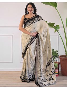 SATRANI - Beige Weaving Border Georgette Saree With Unstitched Blouse