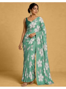 SATRANI - Mint Green Floral Chiffon Saree With Unstitched Blouse
