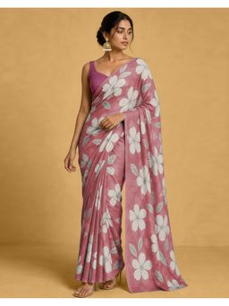 SATRANI - Mauve Floral Chiffon Saree With Unstitched Blouse