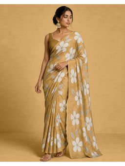 SATRANI - Mustard Floral Chiffon Saree With Unstitched Blouse