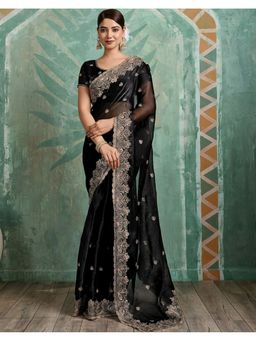 SATRANI - Black Embroidery Scalloped Border Shimmer Chiffon Saree With Unstitched Blouse