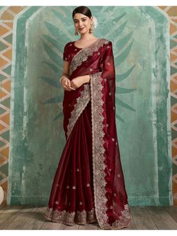 SATRANI - Maroon Embroidery Scalloped Border Shimmer Chiffon Saree With Unstitched Blouse