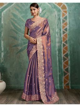 SATRANI - Purple Embroidery Border Chiffon Saree With Unstitched Blouse