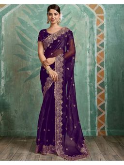 SATRANI - Purple Embroidery Border Shimmer Chiffon Saree With Unstitched Blouse