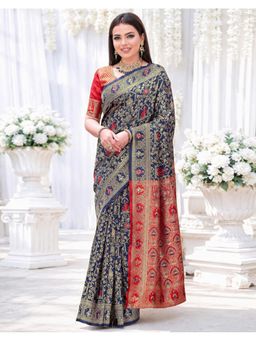 SATRANI - Women Navy Blue Weaving Silk Saree With Unstitched Blouse