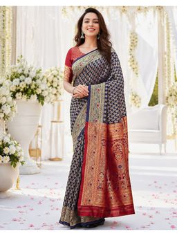 SATRANI - Navy Blue Silk Saree With Unstitched Blouse