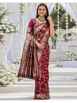 SATRANI - Maroon Weaving Silk Saree With Unstitched Blouse