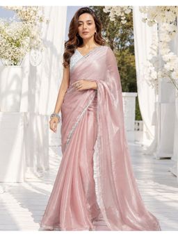 SATRANI - Pink Lace Tissue Saree With Unstitched Blouse