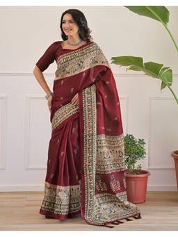 SATRANI - Maroon Tassels Khadi Saree With Unstitched Blouse