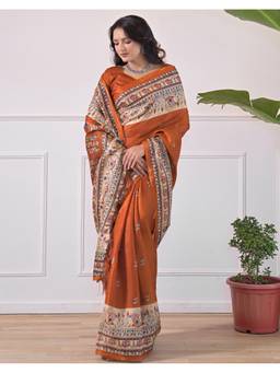 SATRANI - Rust Tassels Khadi Saree With Unstitched Blouse