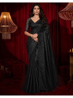 SATRANI - Black Dyed Tassels Satin Saree With Unstitched Blouse