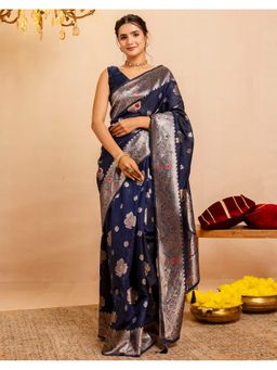 SATRANI - Navy Blue Weaving Tassels Silk Saree With Unstitched Blouse