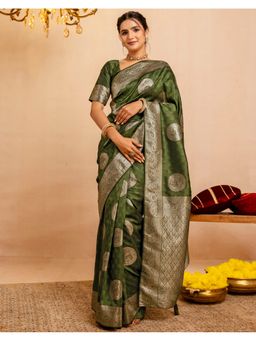 SATRANI - Mehndi Green Weaving Stone Work Tassels Silk Saree With Unstitched Blouse