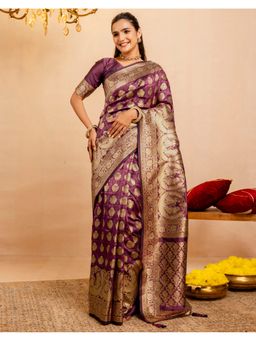 SATRANI - Wine Weaving Tassels Silk Saree With Unstitched Blouse