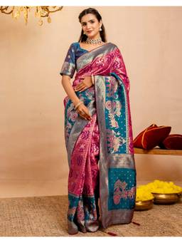 SATRANI - Rani Pink Weaving Stone Work Tassels Silk Saree With Unstitched Blouse