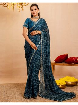 SATRANI - Rama Blue Bandhani Sequins Embroidery Lace Chiffon Saree With Unstitched Blouse