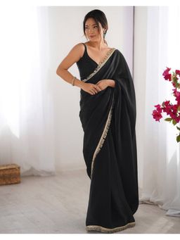 SATRANI - Black Lace Shimmer Chiffon Saree With Unstitched Blouse