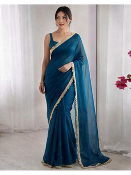 SATRANI - Blue Lace Shimmer Chiffon Saree With Unstitched Blouse
