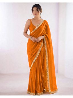 SATRANI - Golden Lace Shimmer Chiffon Saree With Unstitched Blouse