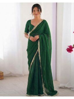 SATRANI - Green Lace Shimmer Chiffon Saree With Unstitched Blouse