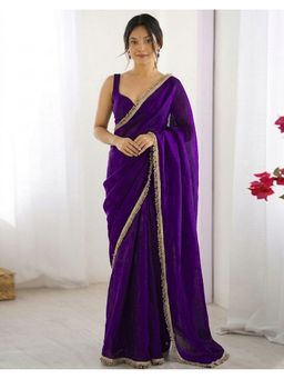 SATRANI - Purple Lace Shimmer Chiffon Saree With Unstitched Blouse