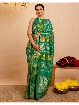 SATRANI - womens Green Weaving Silk Saree With Unstitched Blouse