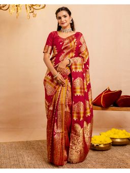 SATRANI - Red Weaving Women Silk Saree With Unstitched Blouse