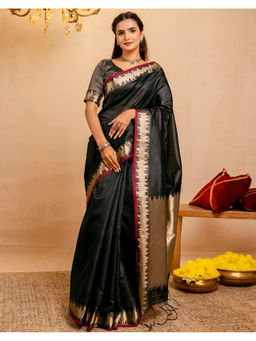 SATRANI - Black Weaving Tassels Silk Saree With Unstitched Blouse