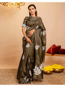 SATRANI - Olive Weaving Sequins Work Tassels Silk Saree With Unstitched Blouse