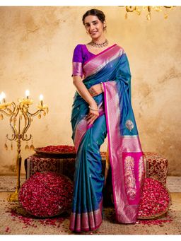 SATRANI - Women Blue Silk Woven Saree with Unstitched Blouse