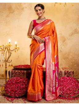 SATRANI - Orange Silk Woven Saree with Unstitched Blouse