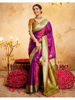 SATRANI - Women's Purple Silk Woven Saree with Unstitched Blouse