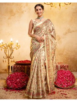 SATRANI - Beige Silk Printed Saree with Unstitched Blouse