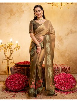 SATRANI - Gold Silk Floral Saree with Unstitched Blouse