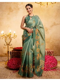 SATRANI - Green Silk Printed Saree with Unstitched Blouse
