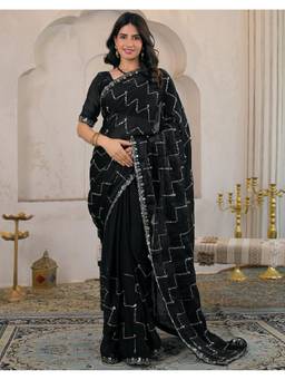 SATRANI - Black Tissue Embellished Saree with Unstitched Blouse