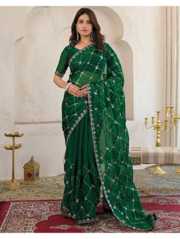 SATRANI - Green Tissue Embellished Saree with Unstitched Blouse
