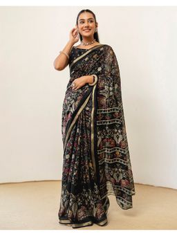 SATRANI - Black Cotton Blend Printed Saree with Unstitched Blouse