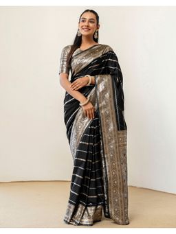 SATRANI - Women's Black Silk Woven Saree with Unstitched Blouse