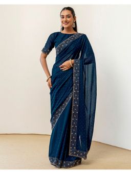 SATRANI - Navy Blue Georgette Embellished Stone Work Saree with Unstitched Blouse