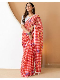 SATRANI - Red Linen Printed Saree with Unstitched Blouse