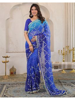 SATRANI - Blue Georgette Printed Gota Work Saree with Unstitched Blouse