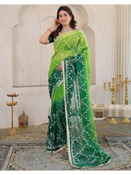 SATRANI - Green Georgette Printed Gota Work Saree with Unstitched Blouse