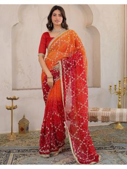 SATRANI - Orange Georgette Printed Gota Work Saree with Unstitched Blouse