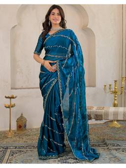 SATRANI - Blue Tissue Embellished Saree with Unstitched Blouse