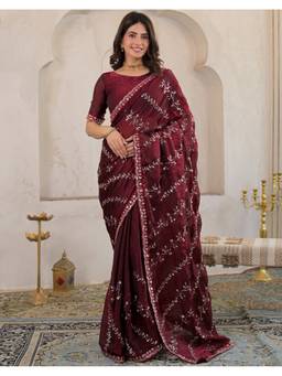 SATRANI - Maroon Tissue Embellished Saree with Unstitched Blouse