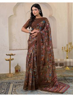 SATRANI - Brown Linen Bandhani Printed Saree with Unstitched Blouse