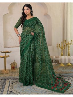 SATRANI - Green Linen Bandhani Printed Saree with Unstitched Blouse